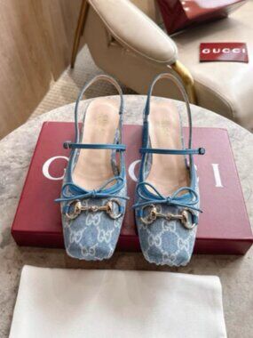 Gucci Blue GG Denim Horsebit Slingback Pumps
